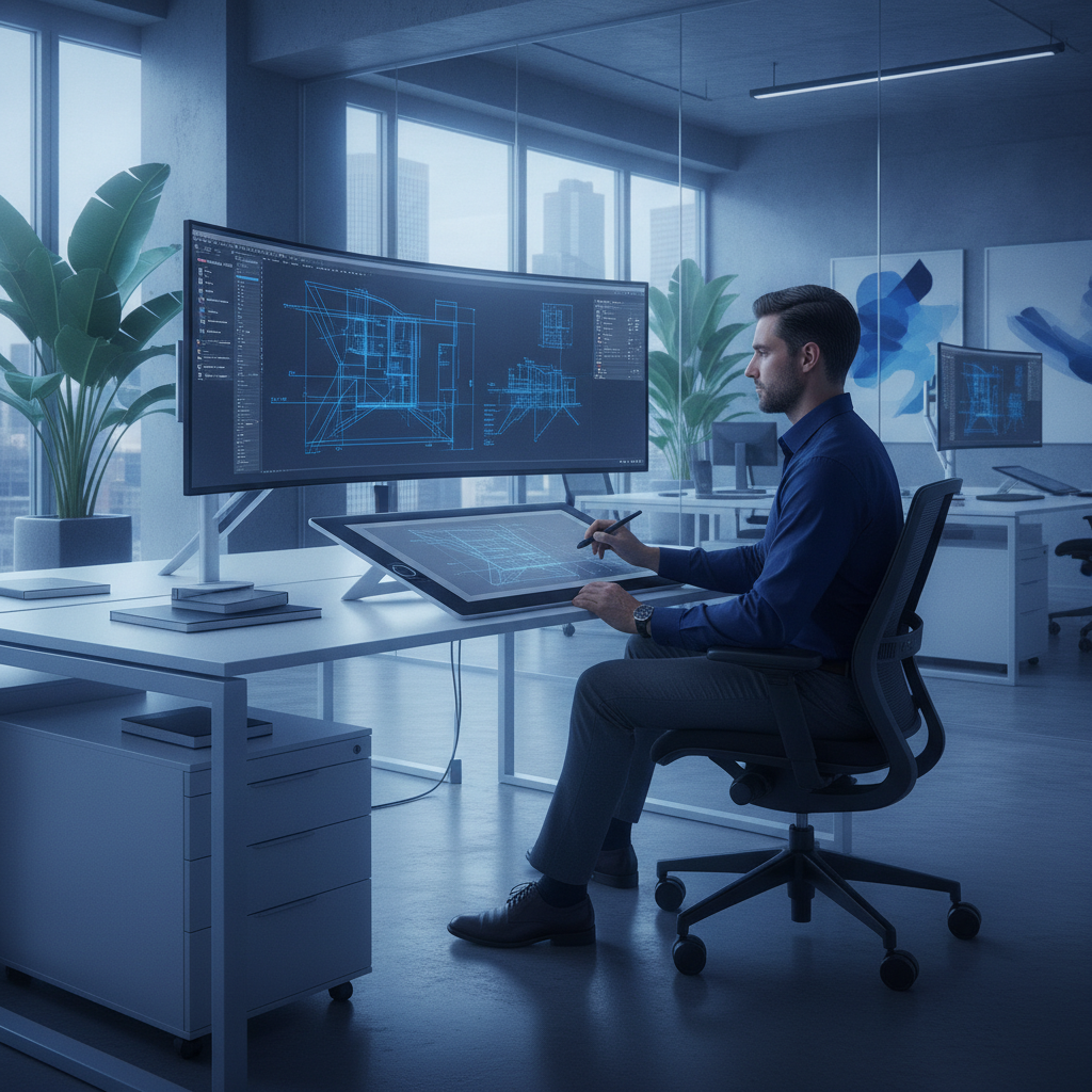 Professional CAD drafter at workstation reviewing technical drawings